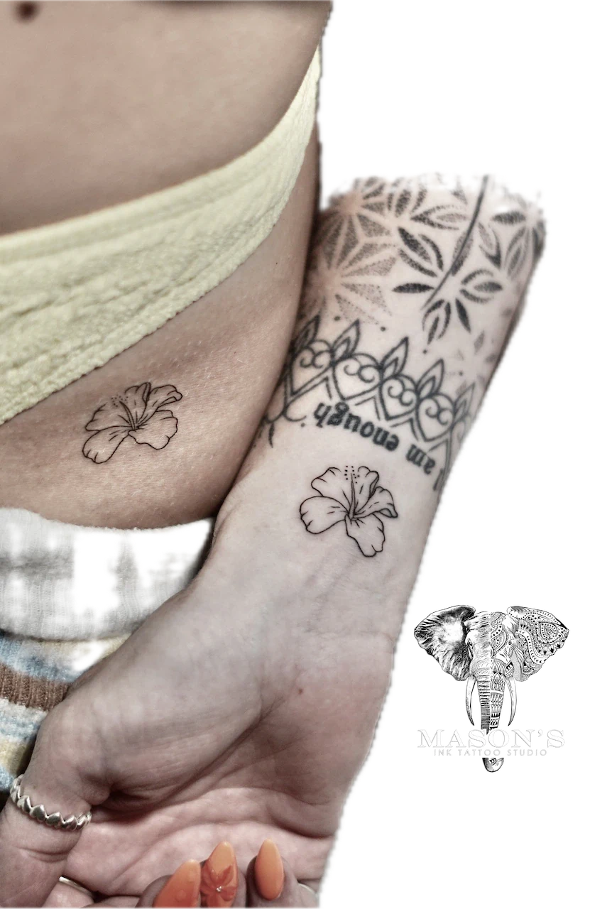 Fine Line Couple Flower Tattoo Design - Fineline tattoo by Mason's Ink Tattoo Studio, Bali
