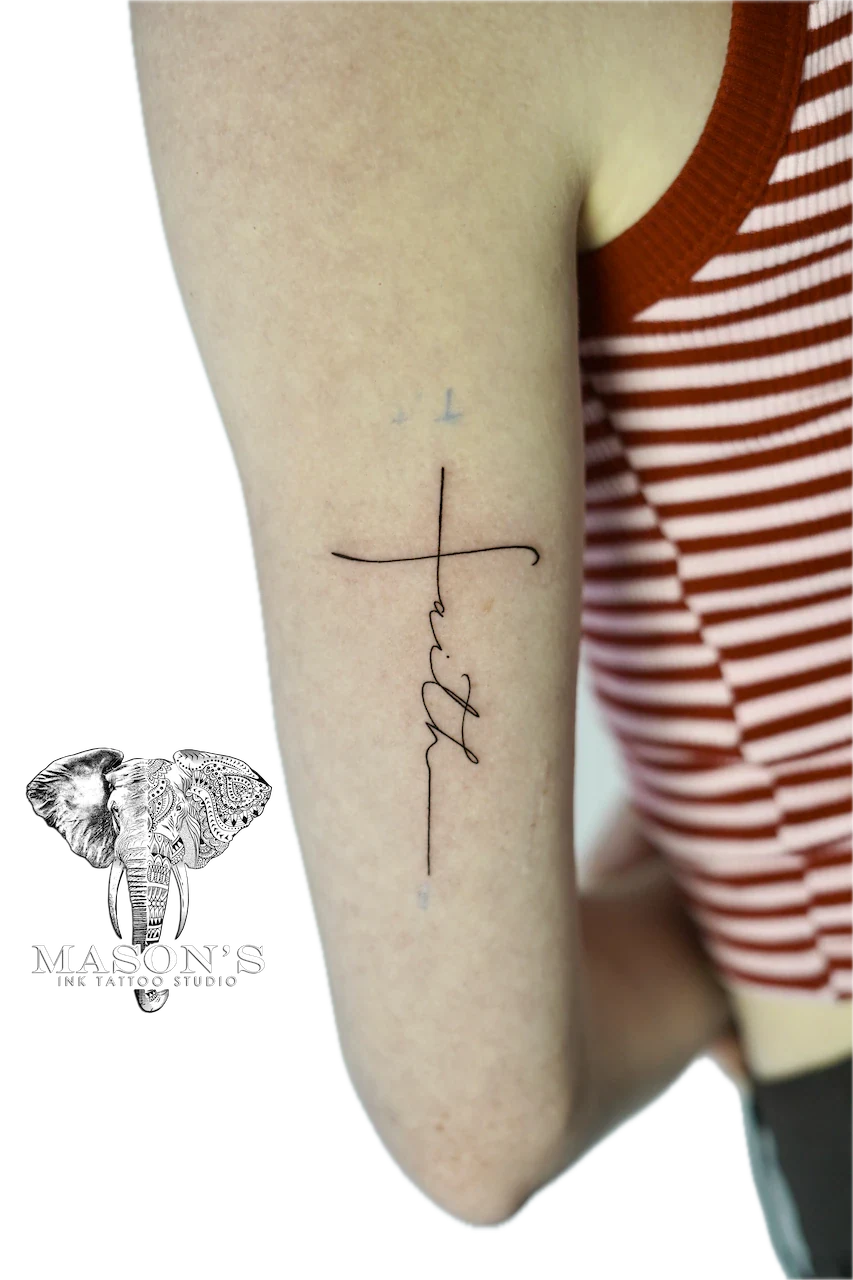 Fine Line Cross Script Tattoo Design - Fineline tattoo by Mason's Ink Tattoo Studio, Bali