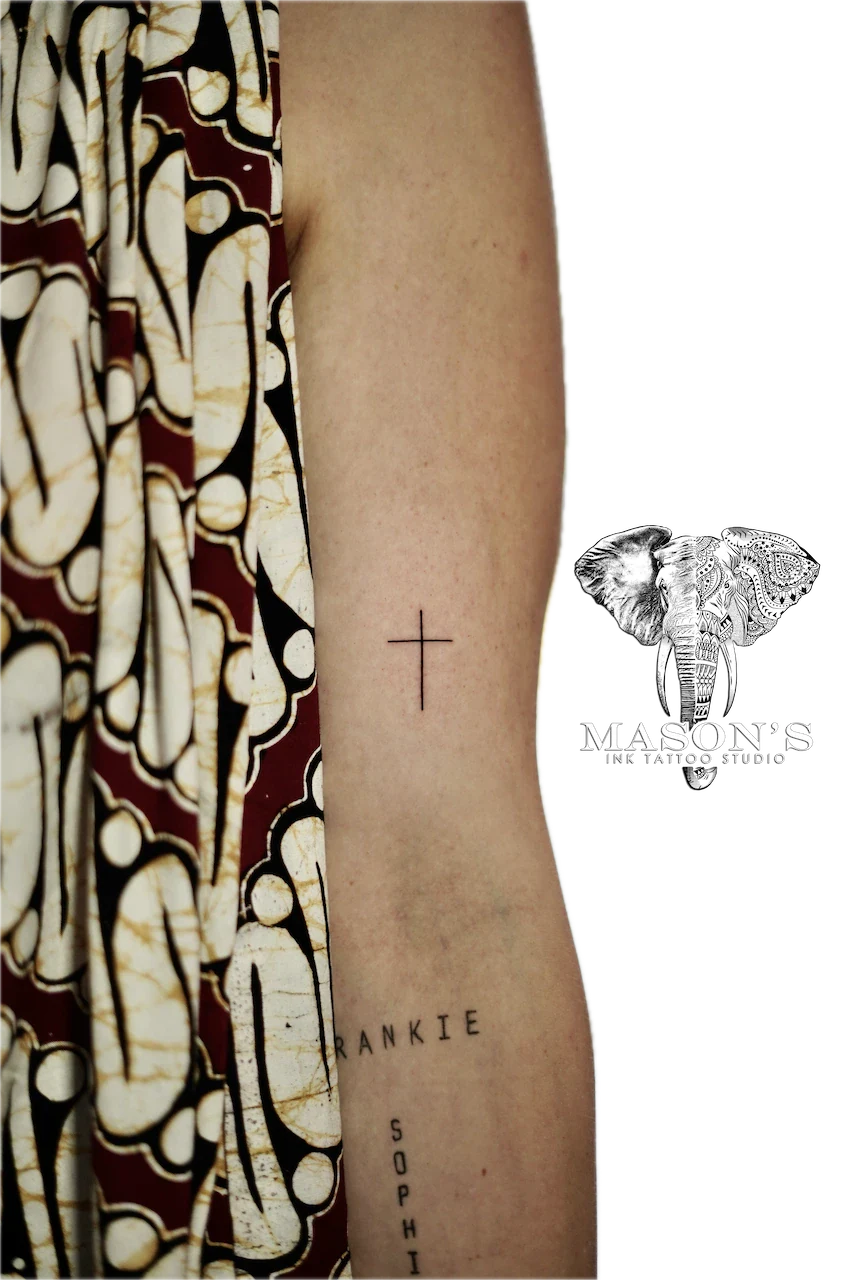 Fine Line Cross Tattoo - Fineline tattoo by Mason's Ink Tattoo Studio, Bali