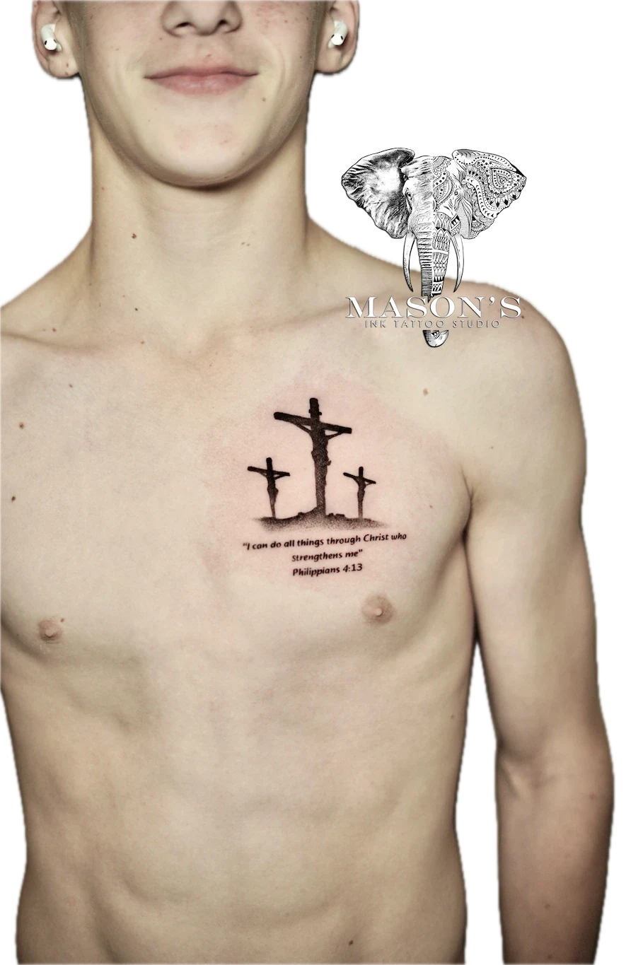 Fine Line Cross and Bible Quote Tattoo Design - Fineline tattoo by Mason's Ink Tattoo Studio, Bali