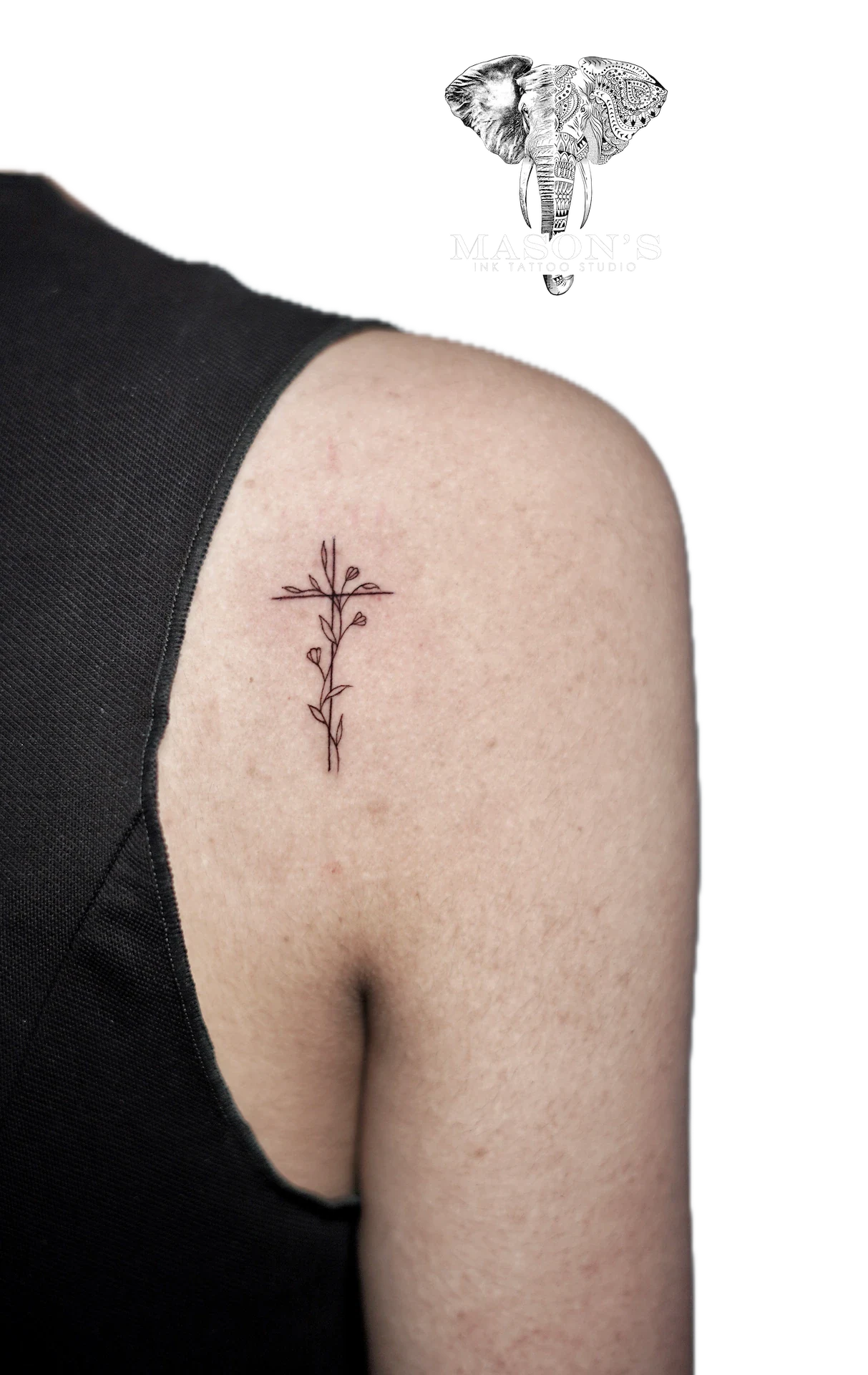 Fine Line Cross with Leaf Floral Tattoo by Mason's Ink Tattoo Studio, Bali
