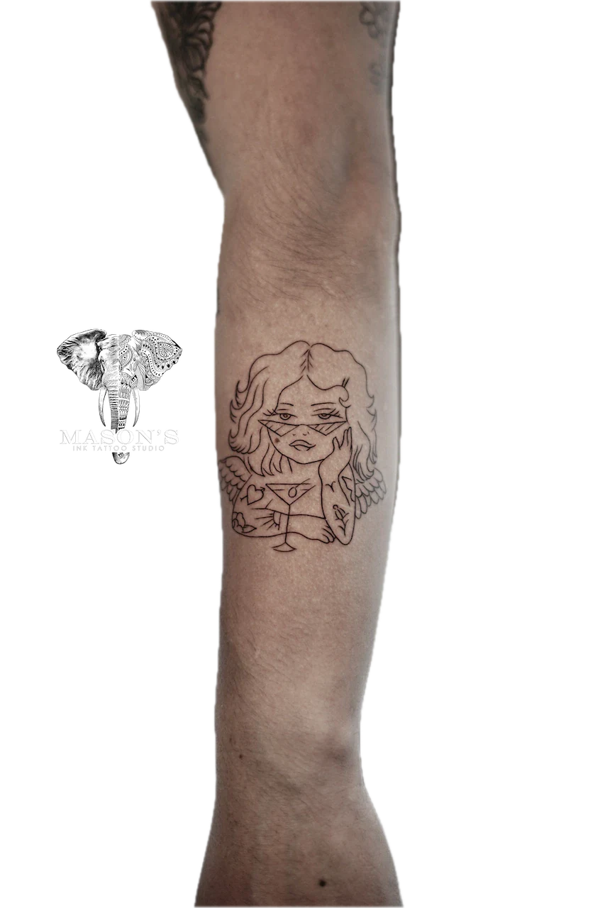 Fine Line Cupid Tattoo Design by Mason's Ink Tattoo Studio, Bali