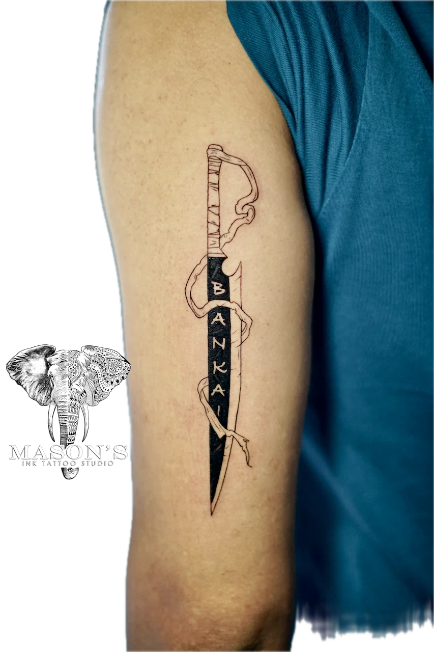 Fine Line Dagger and Script Tattoo Design - Fineline tattoo by Mason's Ink Tattoo Studio, Bali