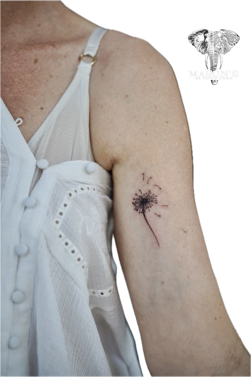 Fine Line Dandelion Floral Tattoo Design by Mason's Ink Tattoo Studio, Bali