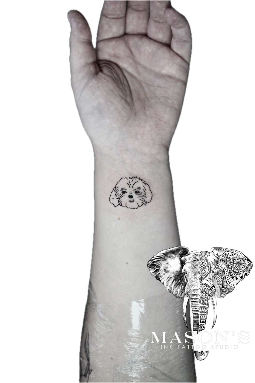 Fine Line Dog Face Tattoo Design by Mason's Ink Tattoo Studio, Bali
