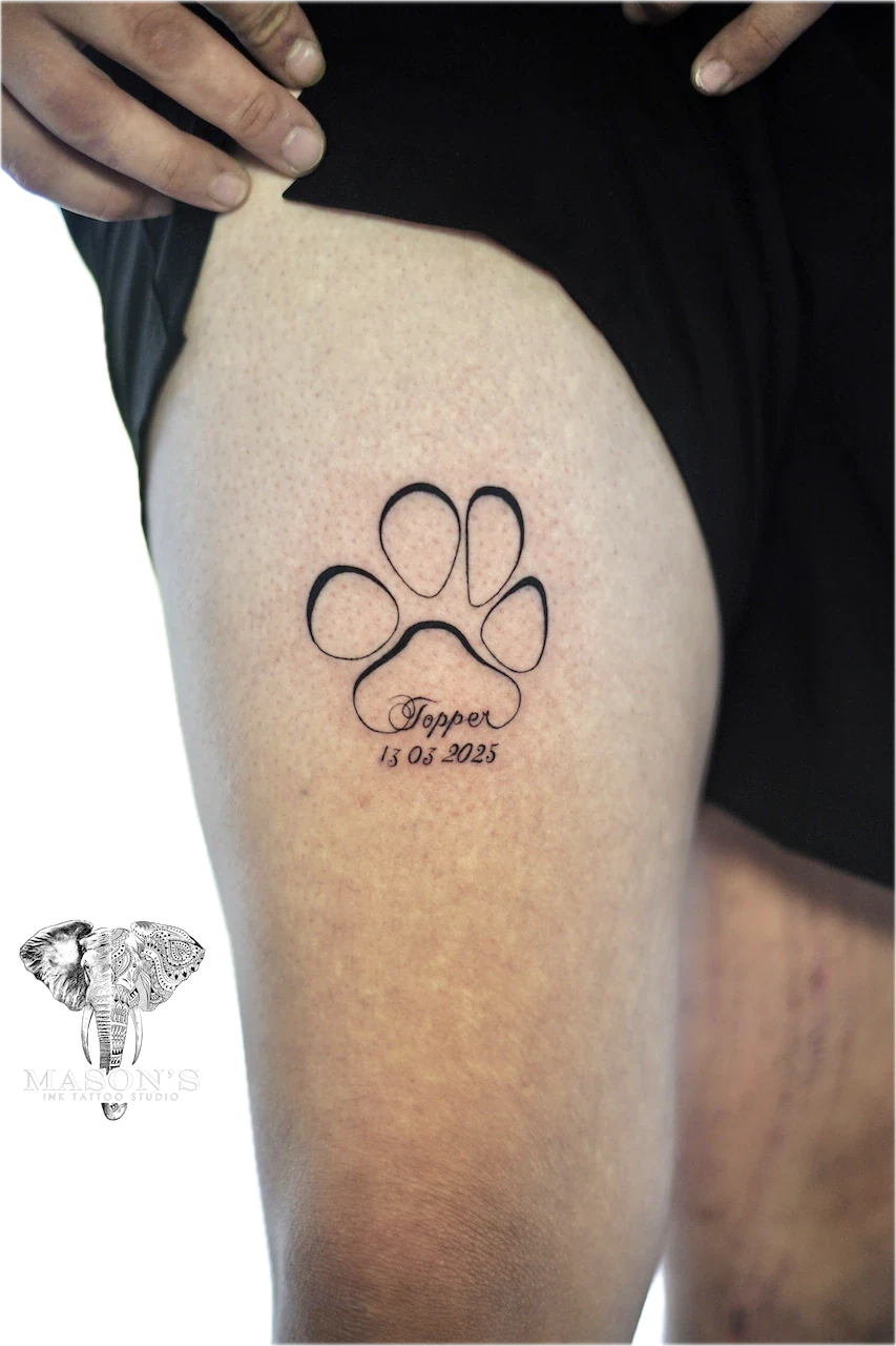 Fine Line Dog Paw Script Tattoo Design by Mason's Ink Tattoo Studio, Bali