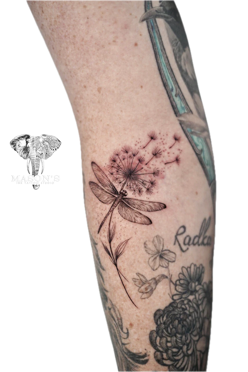 Fine Line Dragonfly, Flower, and Dandelion Tattoo Design - Fineline tattoo by Mason's Ink Tattoo Studio, Bali