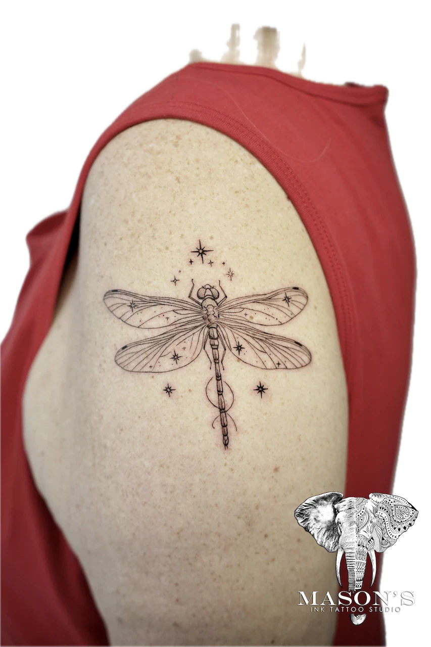 Fine Line Dragonfly Tattoo Design - Fineline tattoo by Mason's Ink Tattoo Studio, Bali