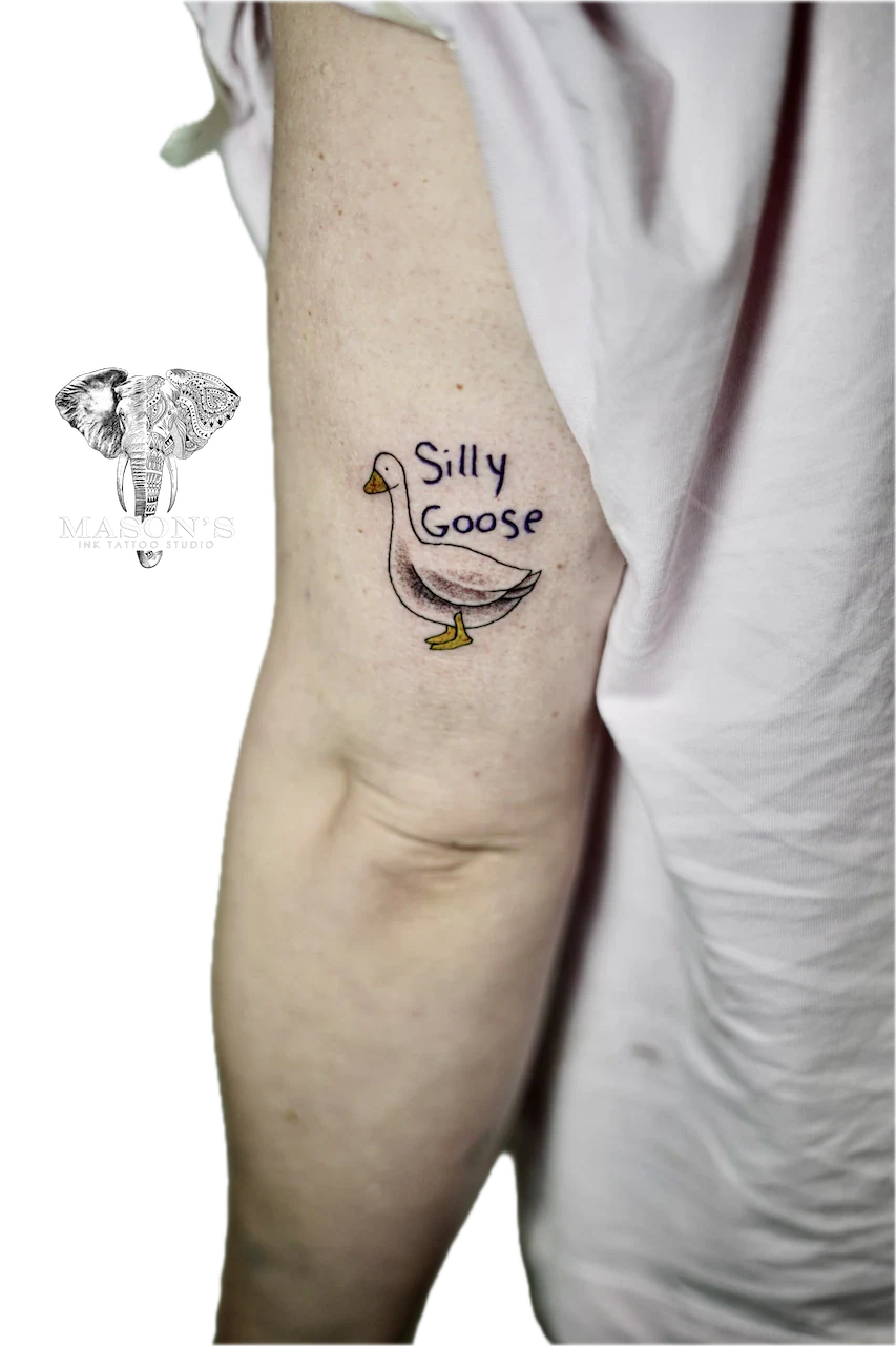 Fine Line Duck and Script Tattoo Design - Fineline tattoo by Mason's Ink Tattoo Studio, Bali