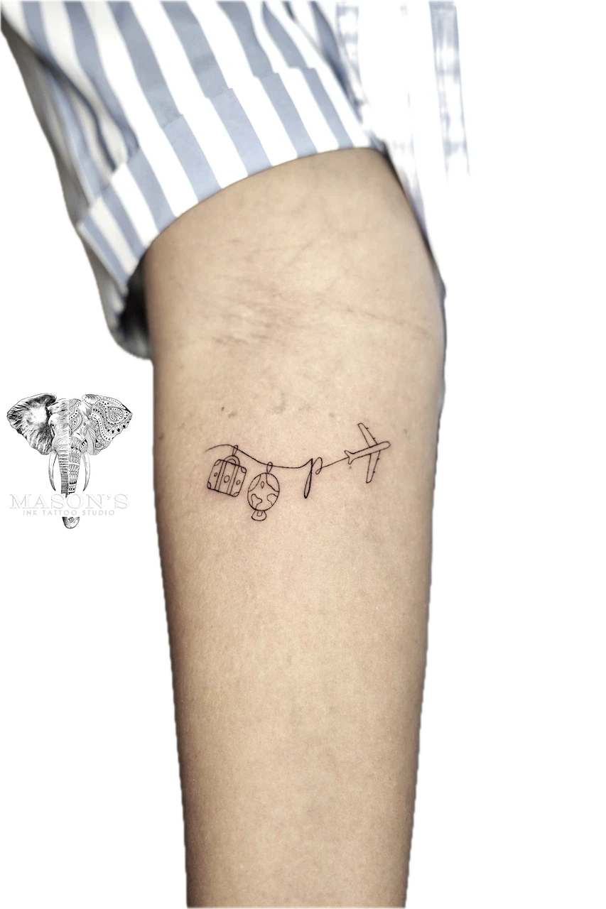 Fine Line Earth and Plane Tattoo Design - Fineline tattoo by Mason's Ink Tattoo Studio, Bali