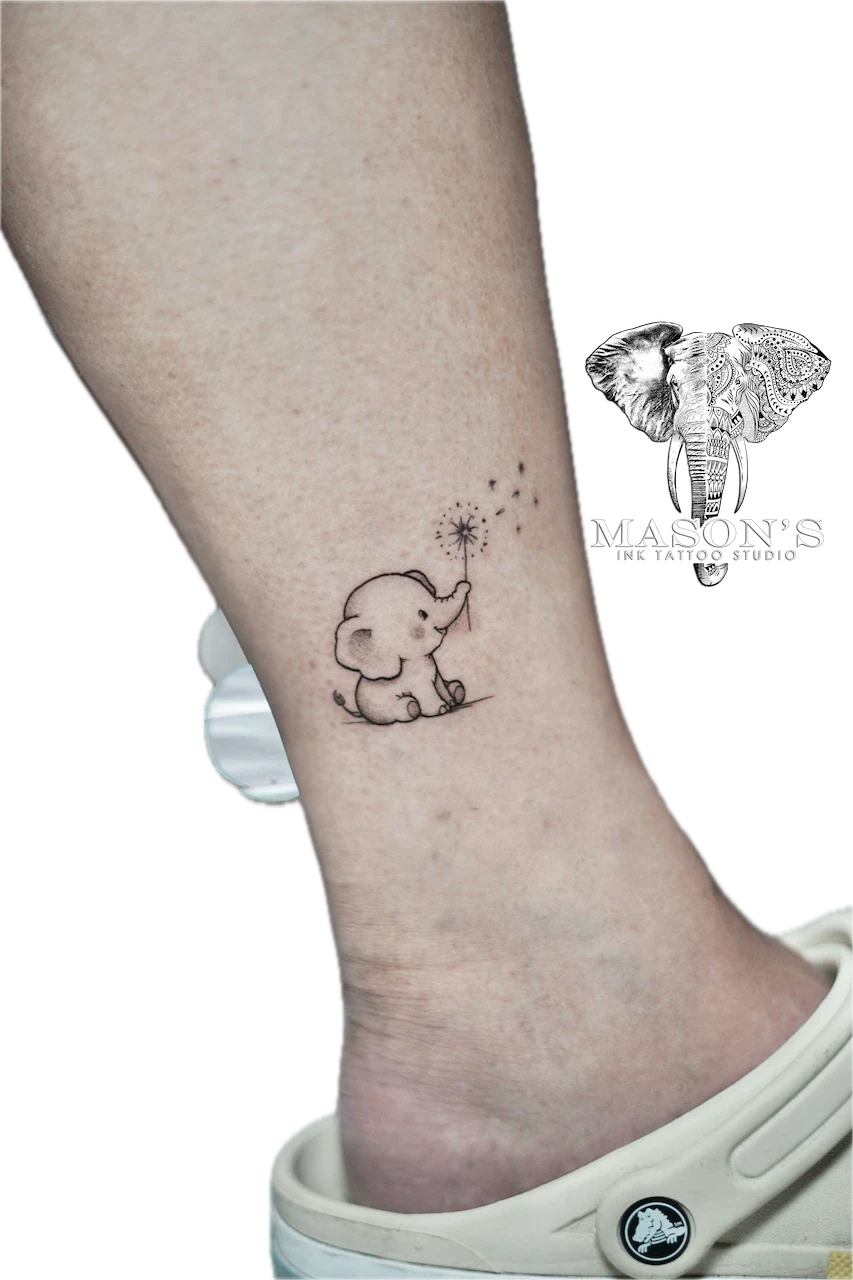 Fine Line Elephant and Dandelion Tattoo Design - Fineline tattoo by Mason's Ink Tattoo Studio, Bali