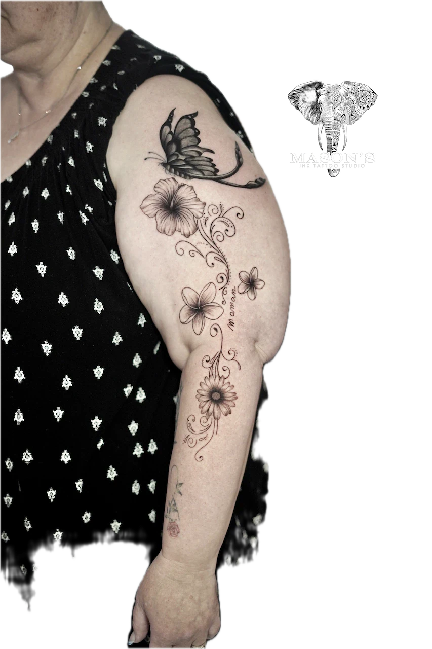 Fine Line Floral Script Hand Tattoo Design by Mason's Ink Tattoo Studio, Bali