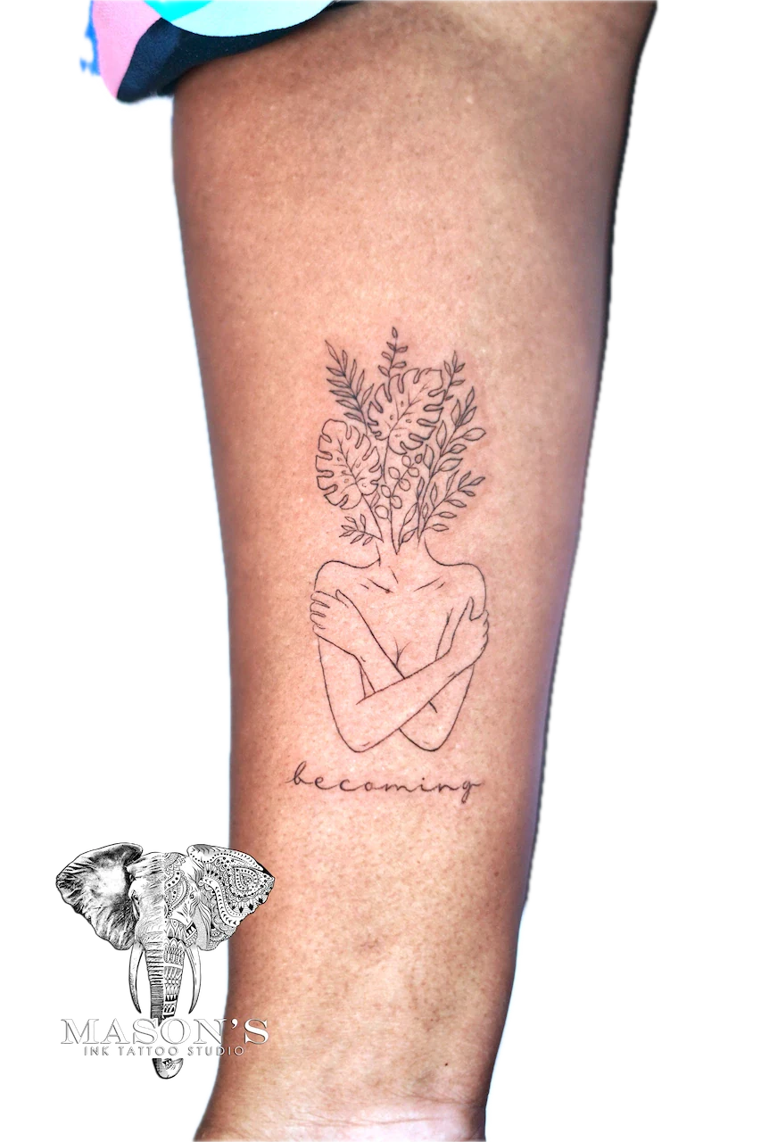 Fine Line Floral Script Tattoo Design: Minimalist tree growing from intertwined arms with lettering