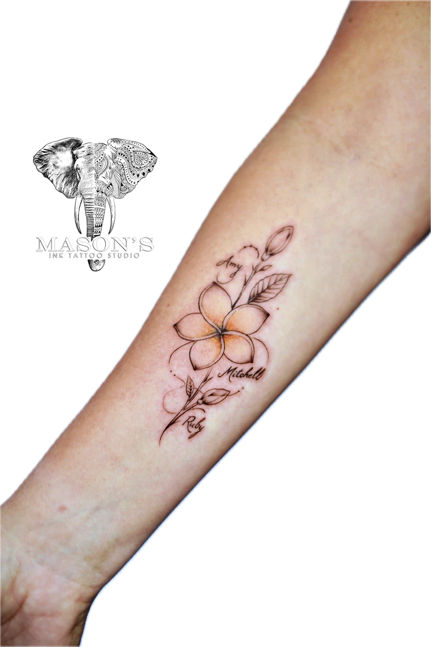 Fine Line Floral Script Tattoo Design: a delicate flower with three names in minimalist style