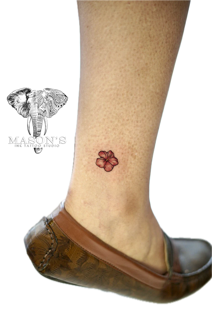 Fine Line Floral Tattoo with Red Accent - Fineline tattoo by Mason's Ink Tattoo Studio, Bali