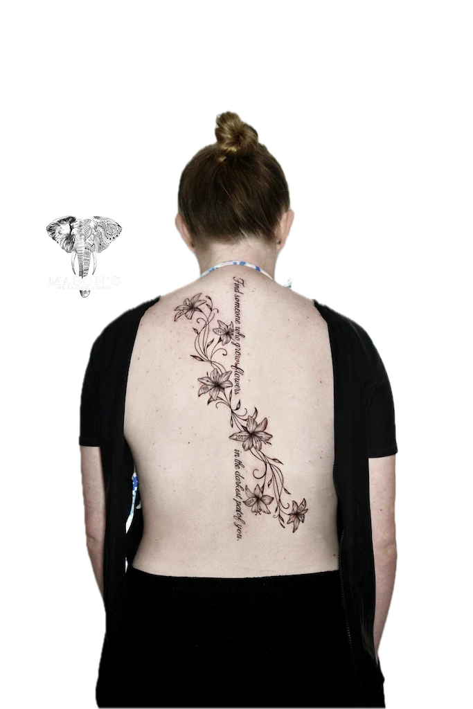 Fine Line Floral and Script Tattoo Design - Fineline tattoo by Mason's Ink Tattoo Studio, Bali
