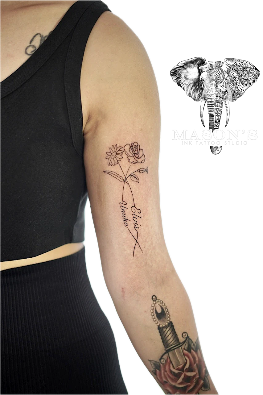 Fine Line Floral and Script Tattoo Design by Mason's Ink Tattoo Studio, Bali