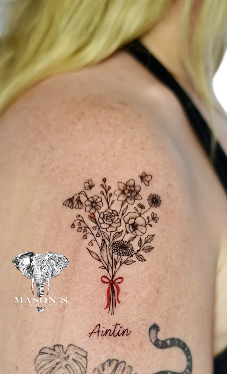 Fine Line Flower Bucket Tattoo Design by Mason's Ink Tattoo Studio, Bali