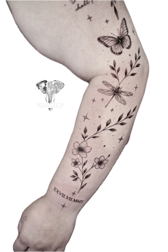 Fine Line Flower Butterfly and Script Tattoo - Fineline tattoo by Mason's Ink Tattoo Studio, Bali