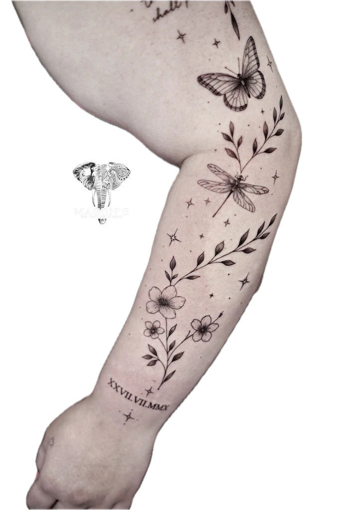 Fine Line Flower Butterfly and Script Tattoo - Fineline tattoo by Mason's Ink Tattoo Studio, Bali