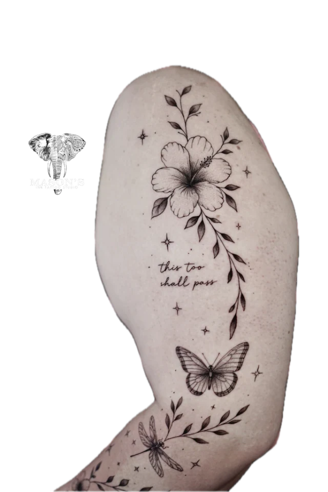 Fine Line Flower, Butterfly and Script Tattoo - Fineline tattoo by Mason's Ink Tattoo Studio, Bali