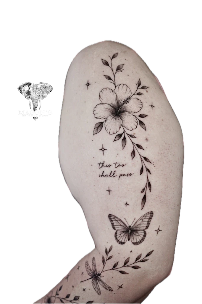 Fine Line Flower, Butterfly and Script Tattoo - Fineline tattoo by Mason's Ink Tattoo Studio, Bali