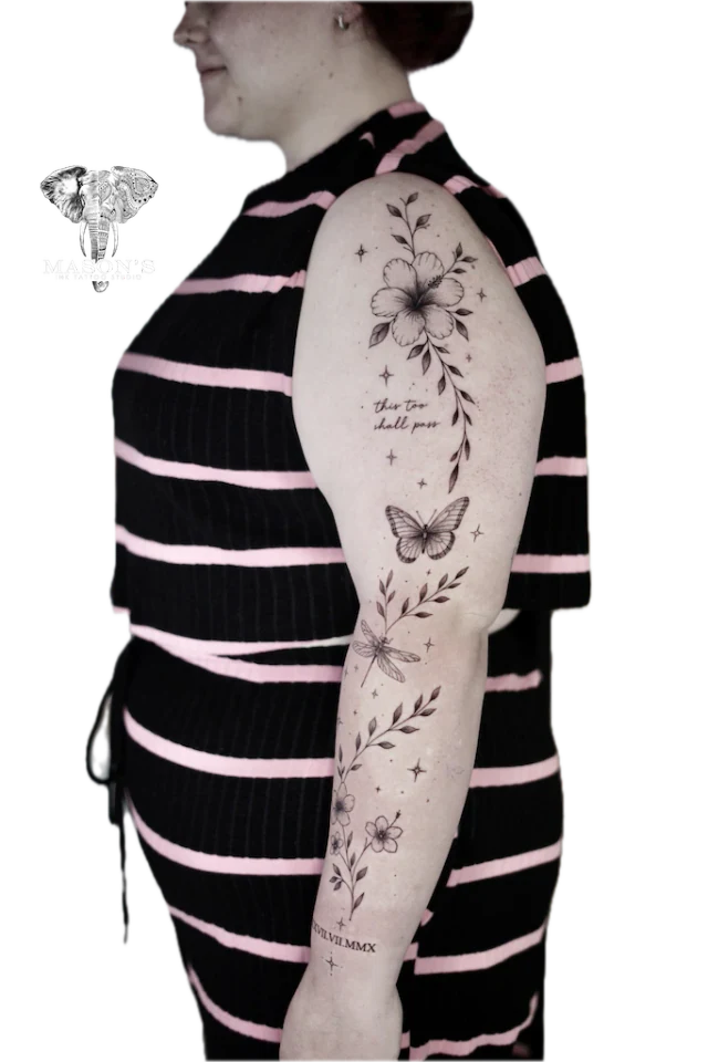 Fine Line Flower, Butterfly and Script Tattoo Design - Fineline tattoo by Mason's Ink Tattoo Studio, Bali