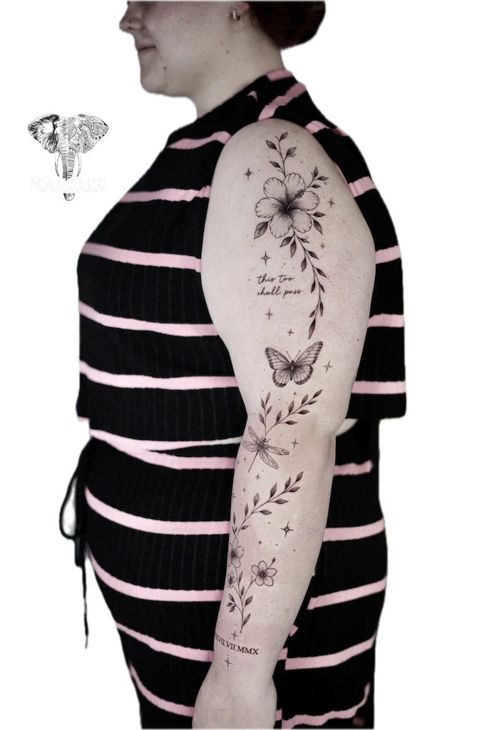 Fine Line Flower, Butterfly and Script Tattoo Design - Fineline tattoo by Mason's Ink Tattoo Studio, Bali