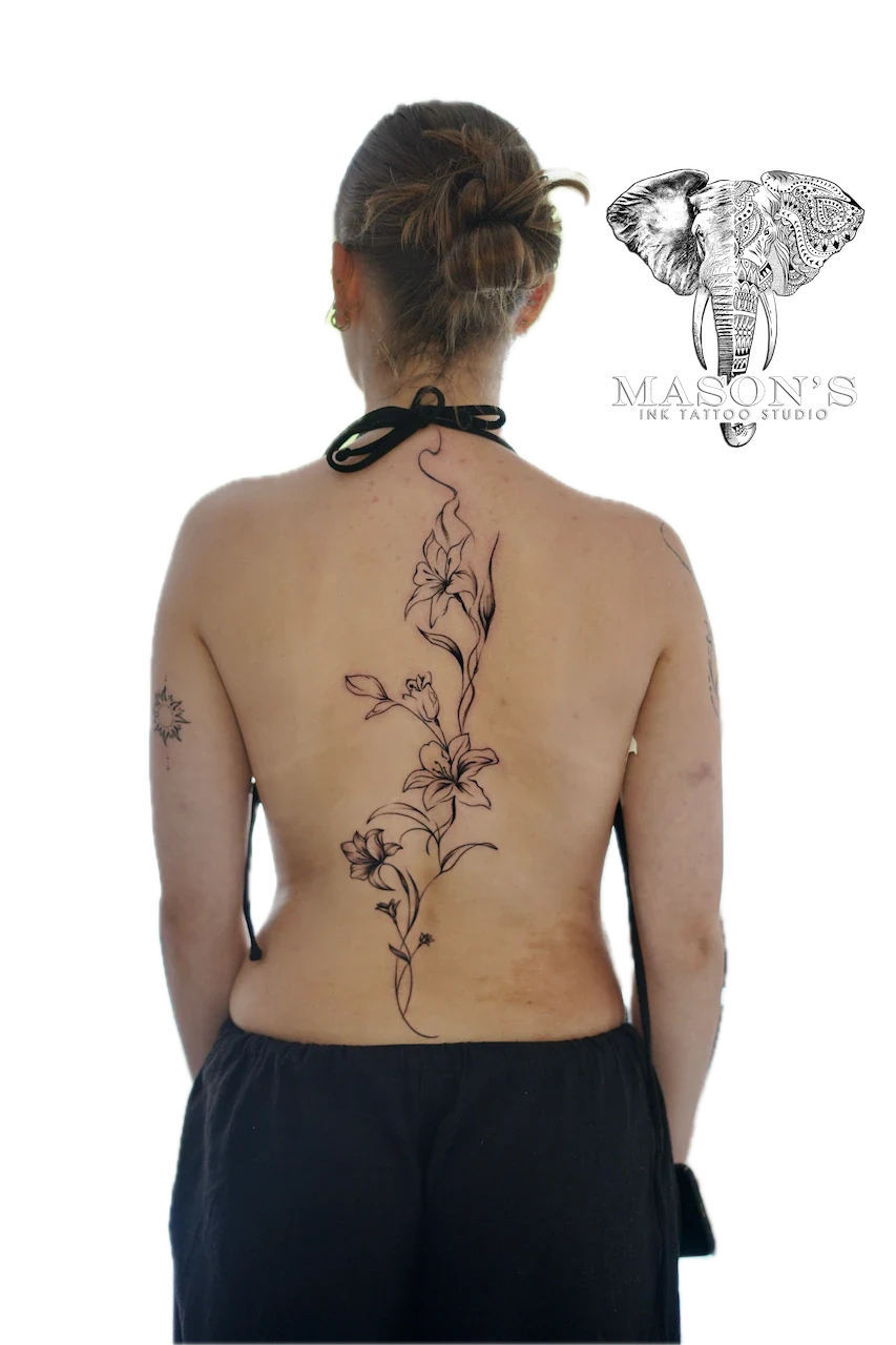 Fine Line Flower and Leaf Tattoo Design - Fineline tattoo by Mason's Ink Tattoo Studio, Bali
