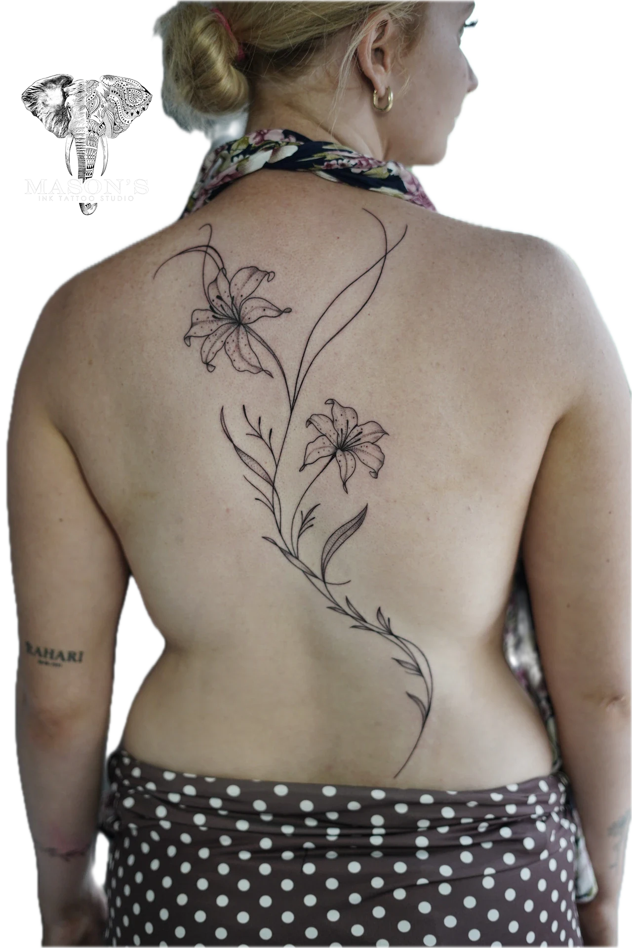 Fine Line Flower and Leaves Tattoo Design by Mason's Ink Tattoo Studio, Bali