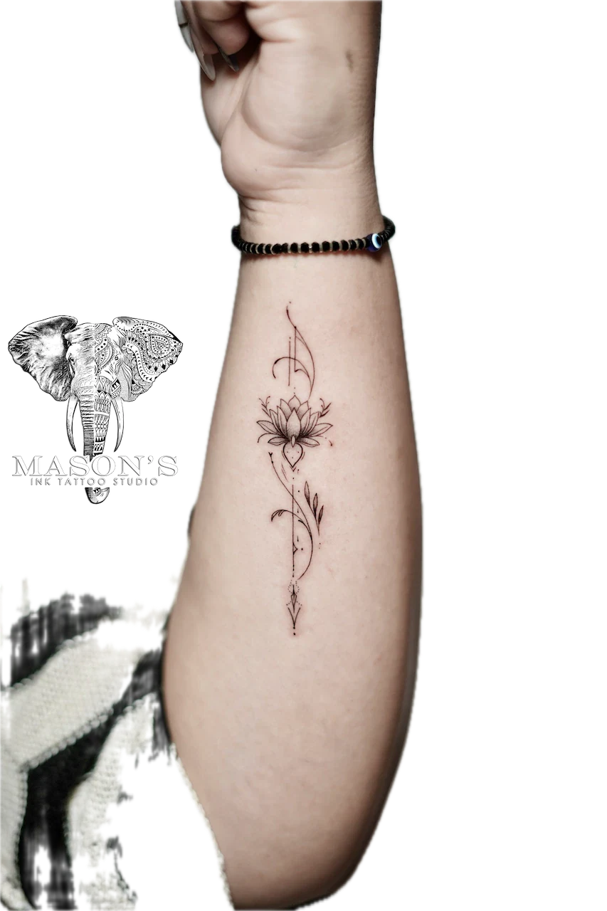 Fine Line Flower and Line Tattoo Design - Fineline tattoo by Mason's Ink Tattoo Studio, Bali