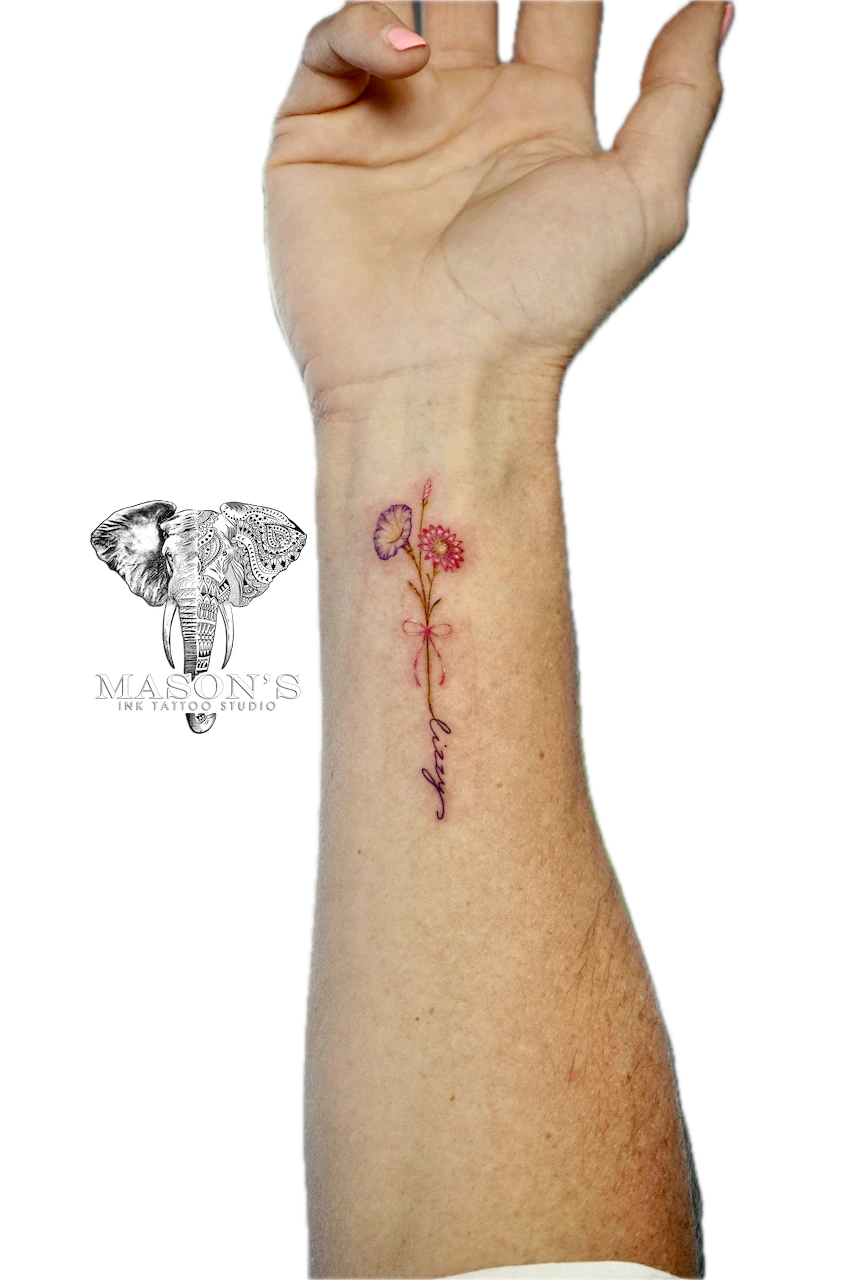 Fine Line Flower and Name Script Tattoo Design - Fineline tattoo by Mason's Ink Tattoo Studio, Bali