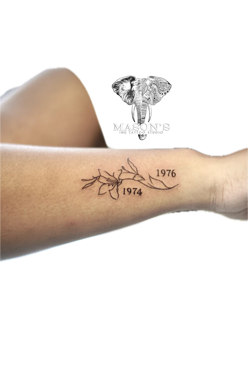 Fine Line Flower and Number Tattoo Design - Fineline tattoo by Mason's Ink Tattoo Studio, Bali