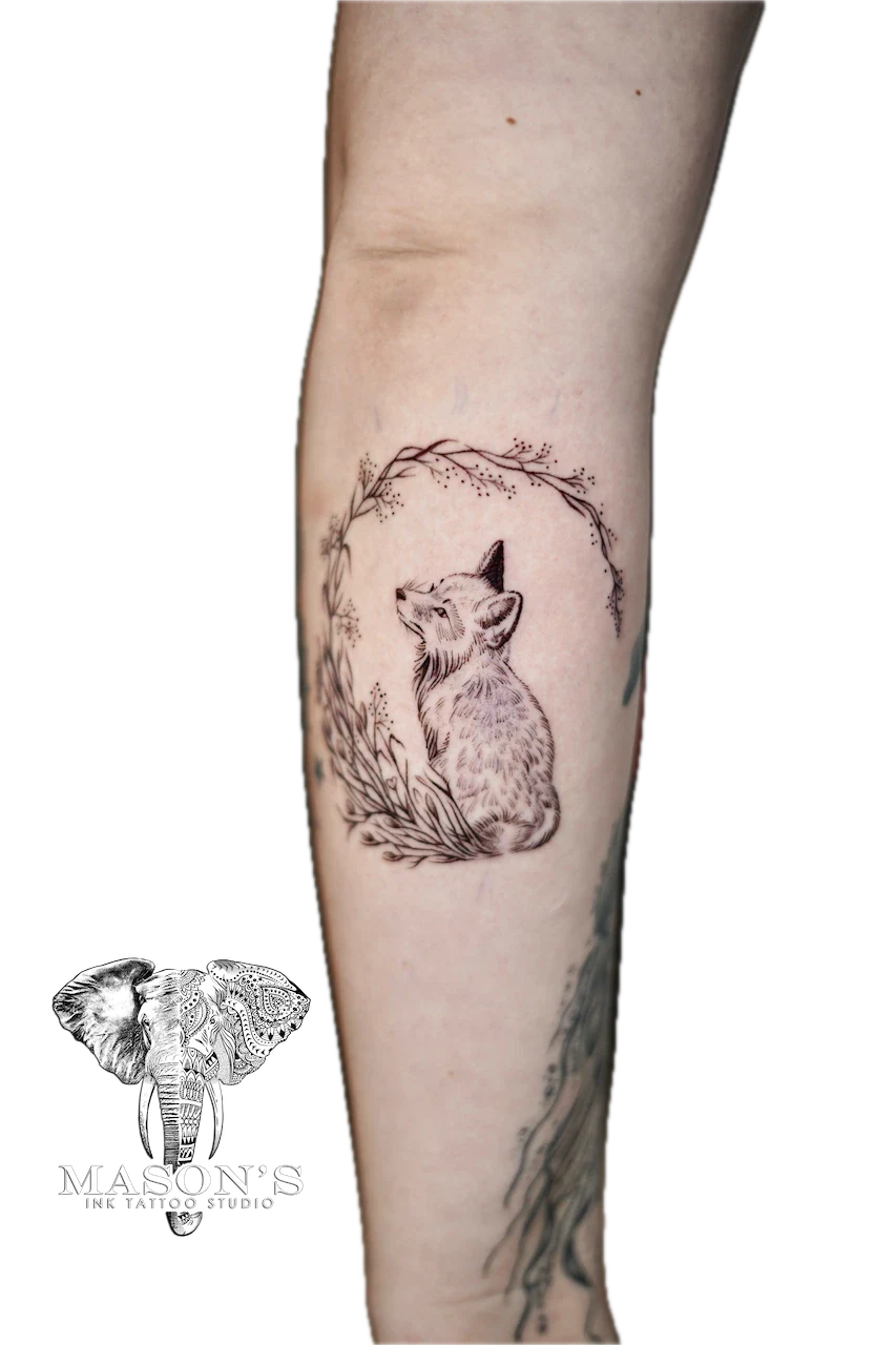 Fine Line Fox and Leaf Tattoo Design - Fineline tattoo by Mason's Ink Tattoo Studio, Bali