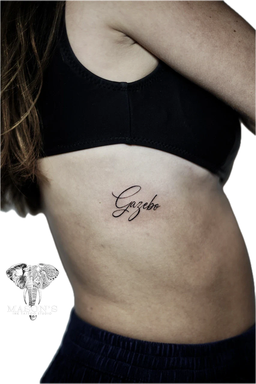 Fine Line Gazebo Script Tattoo Design by Mason's Ink Tattoo Studio, Bali