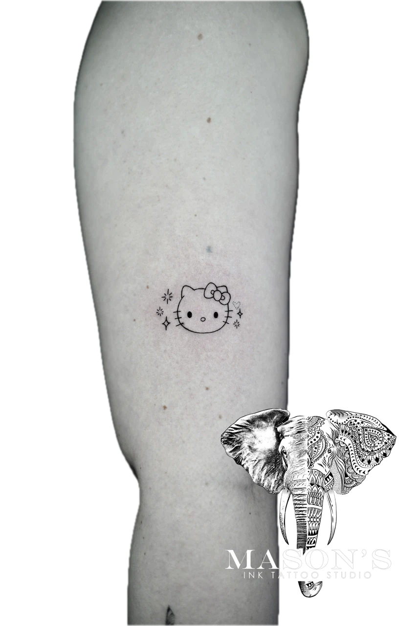 Fine Line Hello Kitty Tattoo DesigN by Mason's Ink Tattoo Studio, Bali