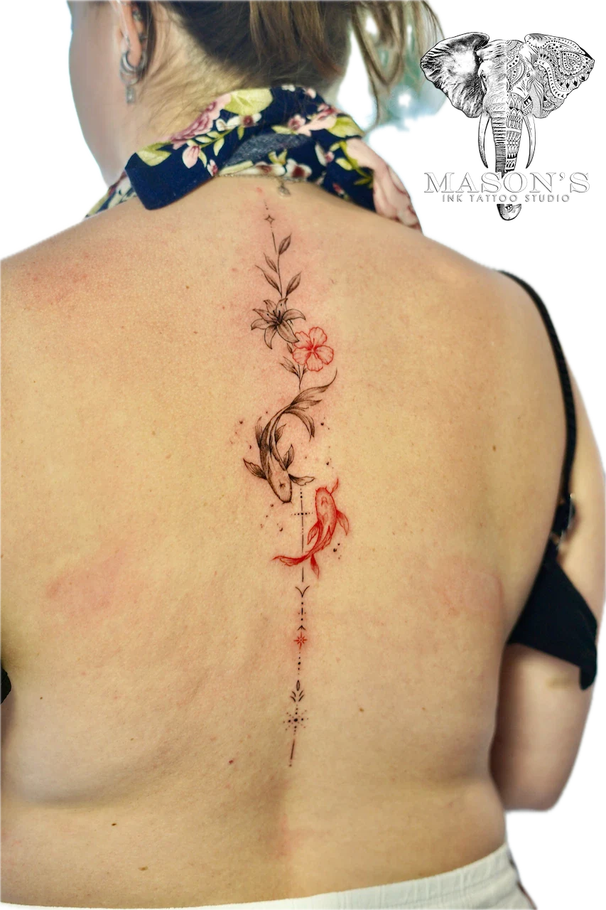 Fine Line Koi Fish and Flower Tattoo Design - Fineline tattoo by Mason's Ink Tattoo Studio, Bali