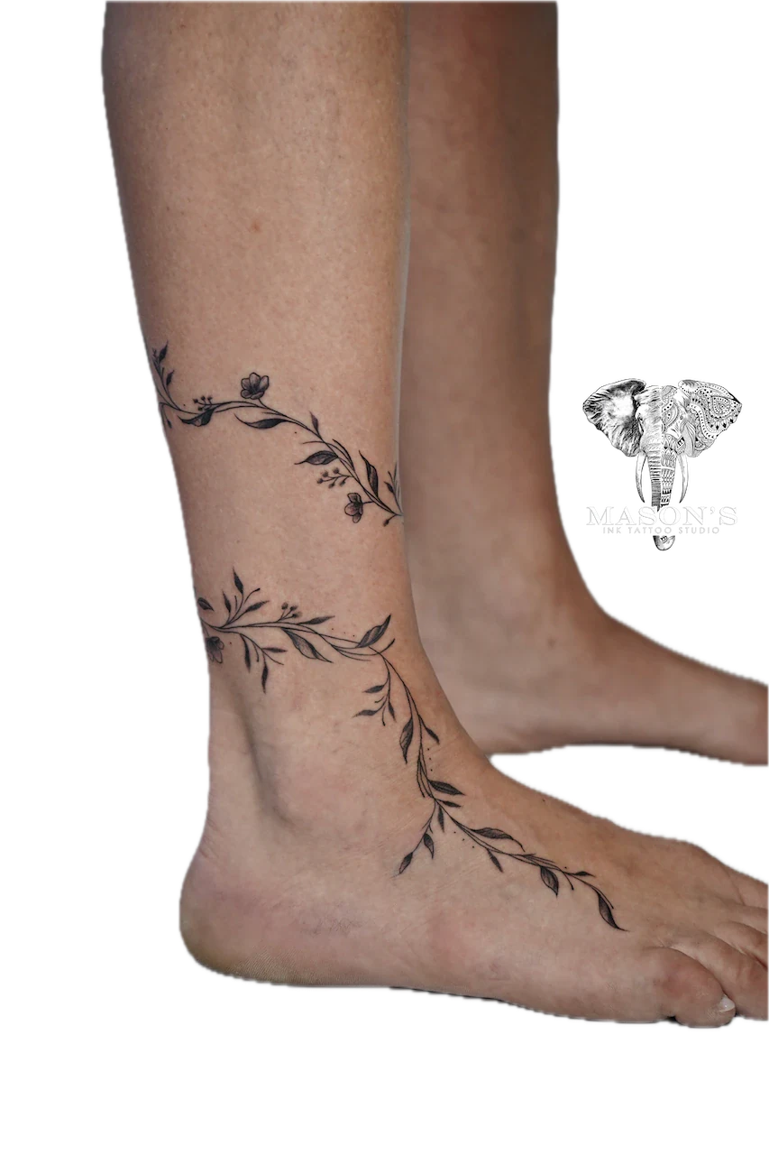 Fine Line Leaf Around Tattoo Design - Fineline tattoo by Mason's Ink Tattoo Studio, Bali