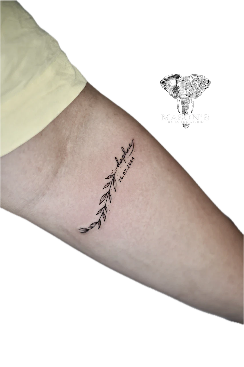Fine Line Leaf Script Tattoo Design by Mason's Ink Tattoo Studio, Bali