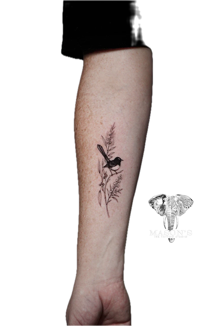 Fine Line Leaf and Bird Tattoo Design - Fineline tattoo by Mason's Ink Tattoo Studio, Bali