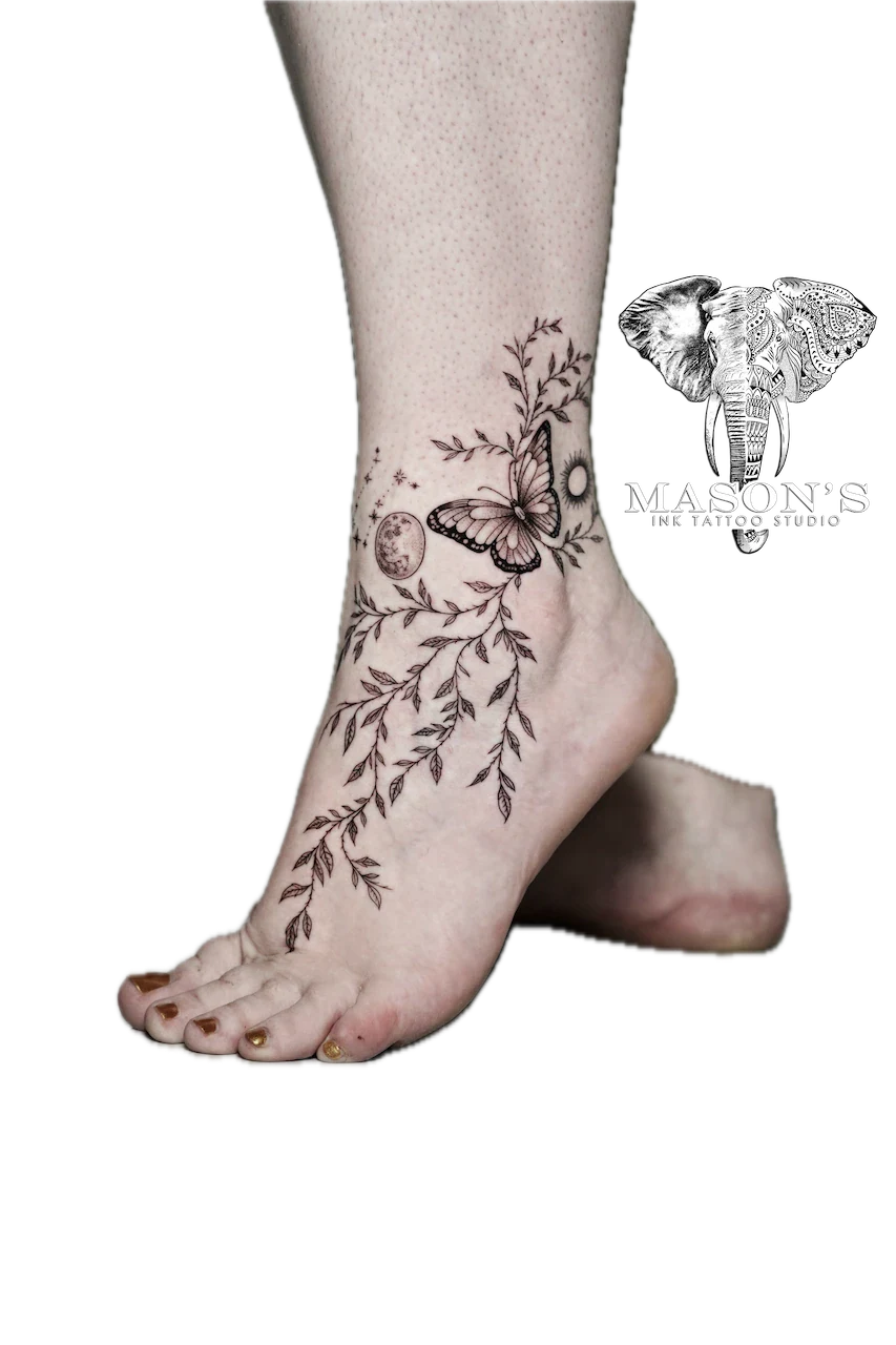 Fine Line Leaf and Butterfly Moon Tattoo Design - Fineline tattoo by Mason's Ink Tattoo Studio, Bali