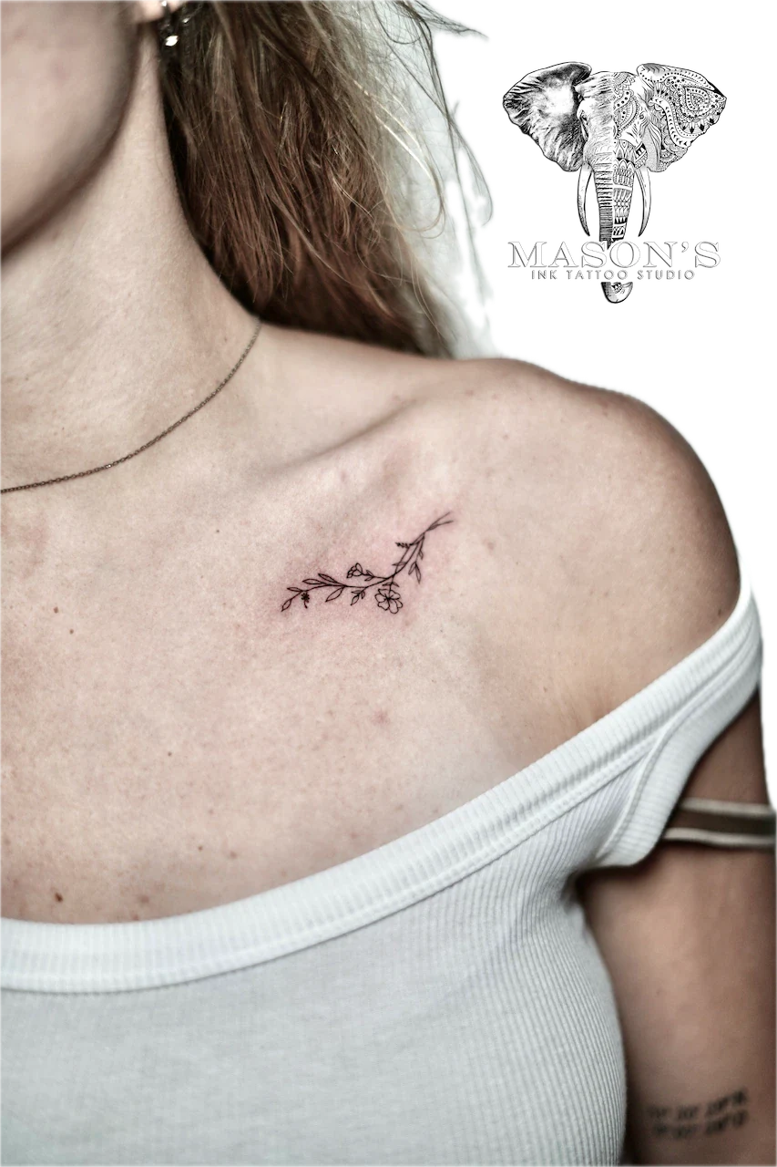 Fine Line Leaf and Flower Tattoo Design - Fineline tattoo by Mason's Ink Tattoo Studio, Bali