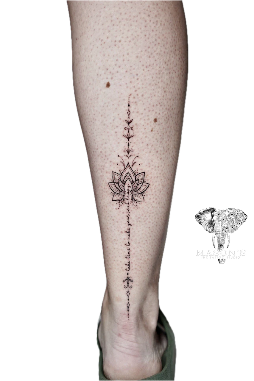 Fine Line Lotus Ornament and Script Tattoo Design - Fineline tattoo by Mason's Ink Tattoo Studio, Bali