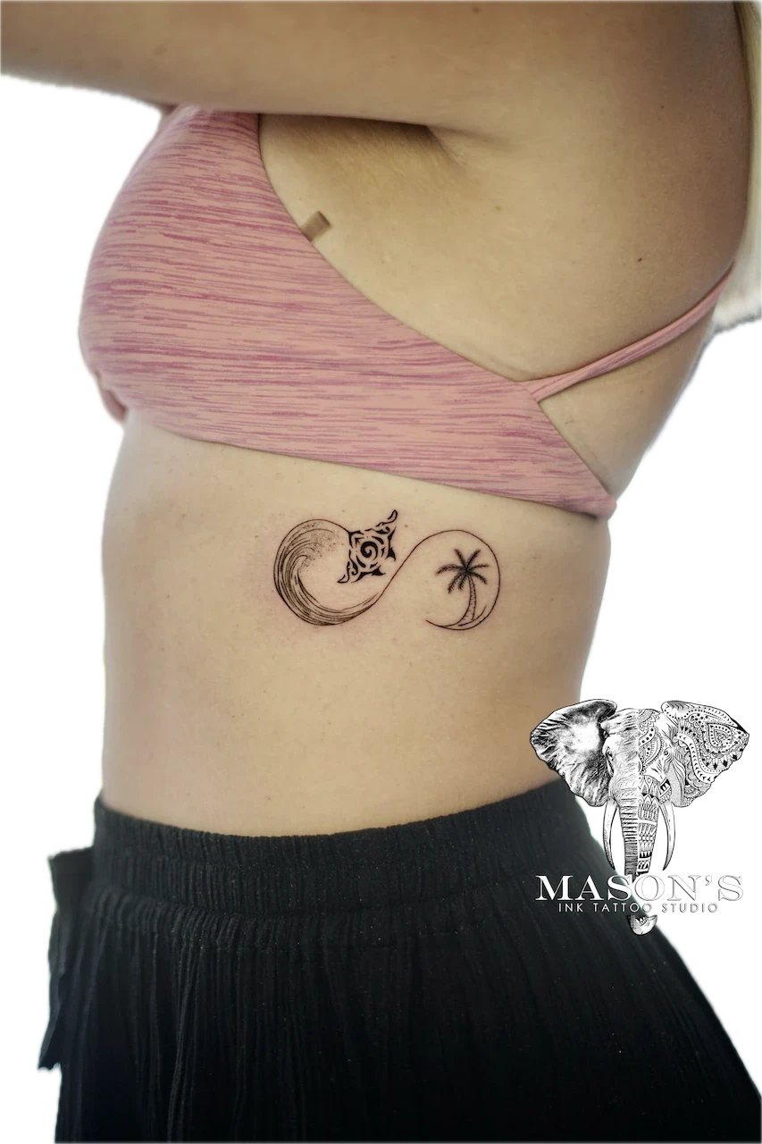Fine Line Manta Ray and Palm Tree Tattoo Design - Fineline tattoo by Mason's Ink Tattoo Studio, Bali