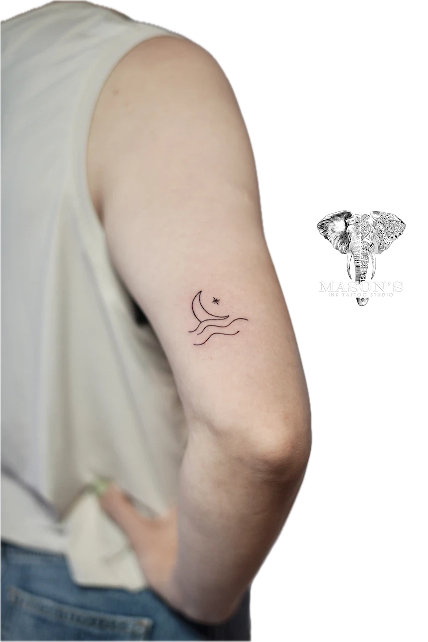 Fine Line Moon and Wave Tattoo Design by Mason's Ink Tattoo Studio, Bali
