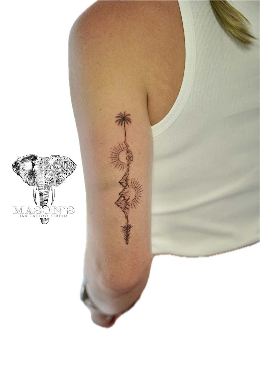 Fine Line Mountain, Sun and Palm Tree Tattoo Design - Fineline tattoo by Mason's Ink Tattoo Studio, Bali