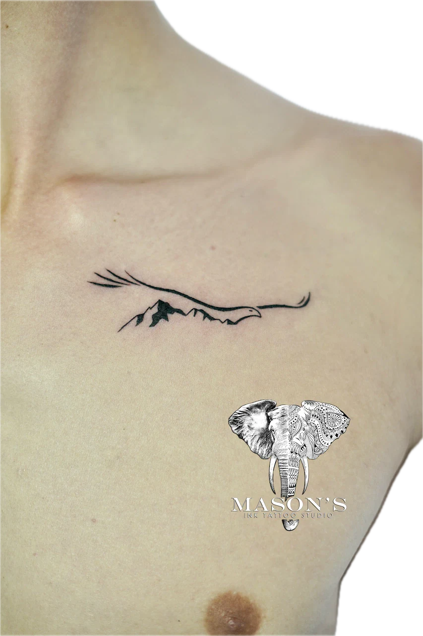 Fine Line Mountain and Eagle Tattoo Design - Fineline tattoo by Mason's Ink Tattoo Studio, Bali