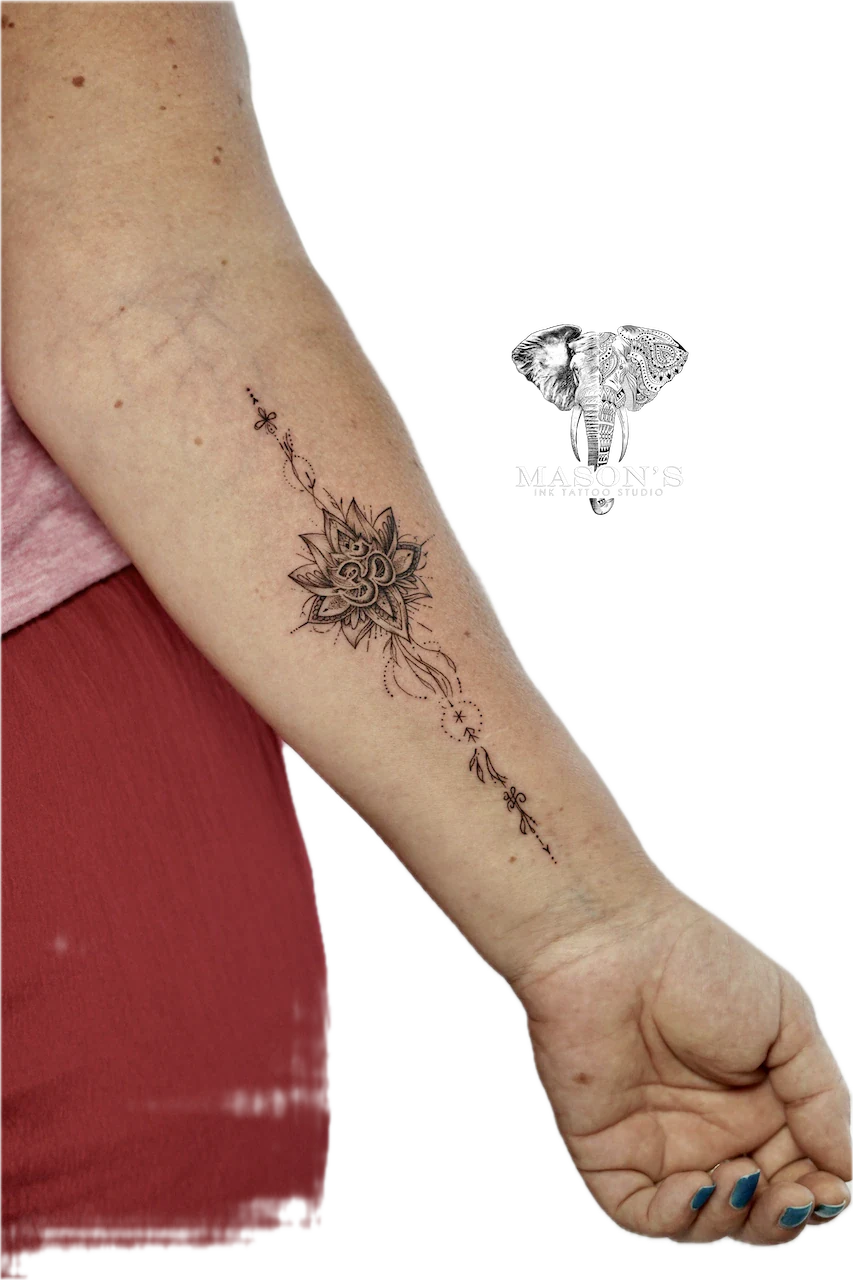 Fine Line Om and Lotus Tattoo Design - Fineline tattoo by Mason's Ink Tattoo Studio, Bali