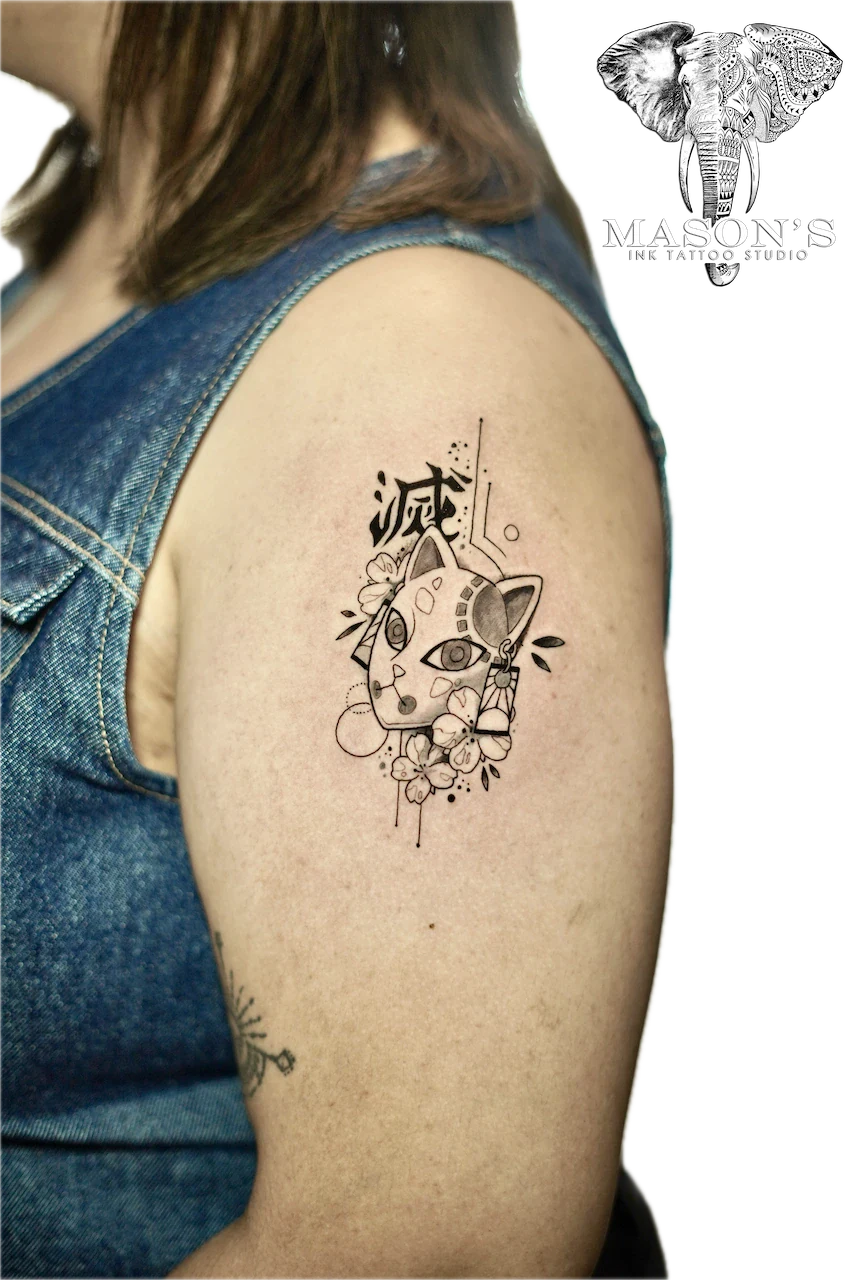 Fine Line Oni Mask Tattoo Design - Fineline tattoo by Mason's Ink Tattoo Studio, Bali