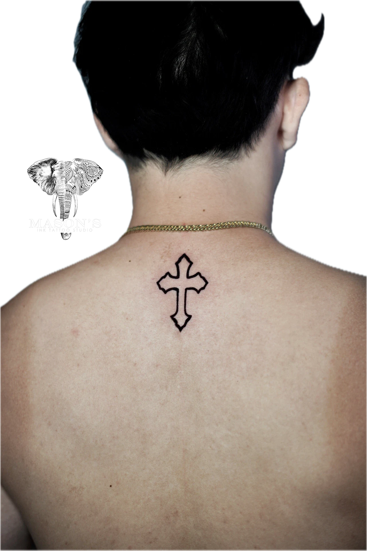 Fine Line Outline Cross Tattoo Design by Mason's Ink Tattoo Studio, Bali